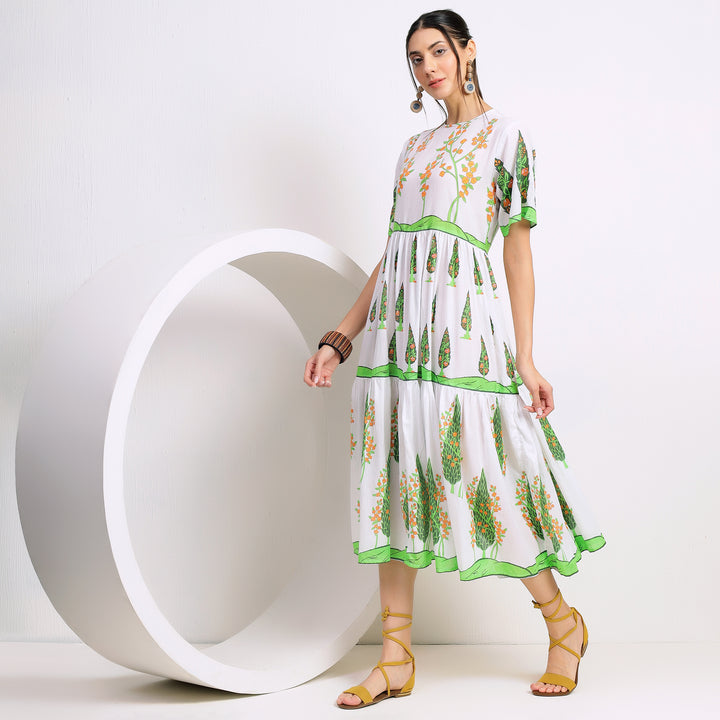 Red Floral & Green Leafy Tiered Midi Dress: Block Print Silhouette