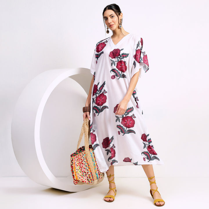 Red Floral womens kaftans dresses