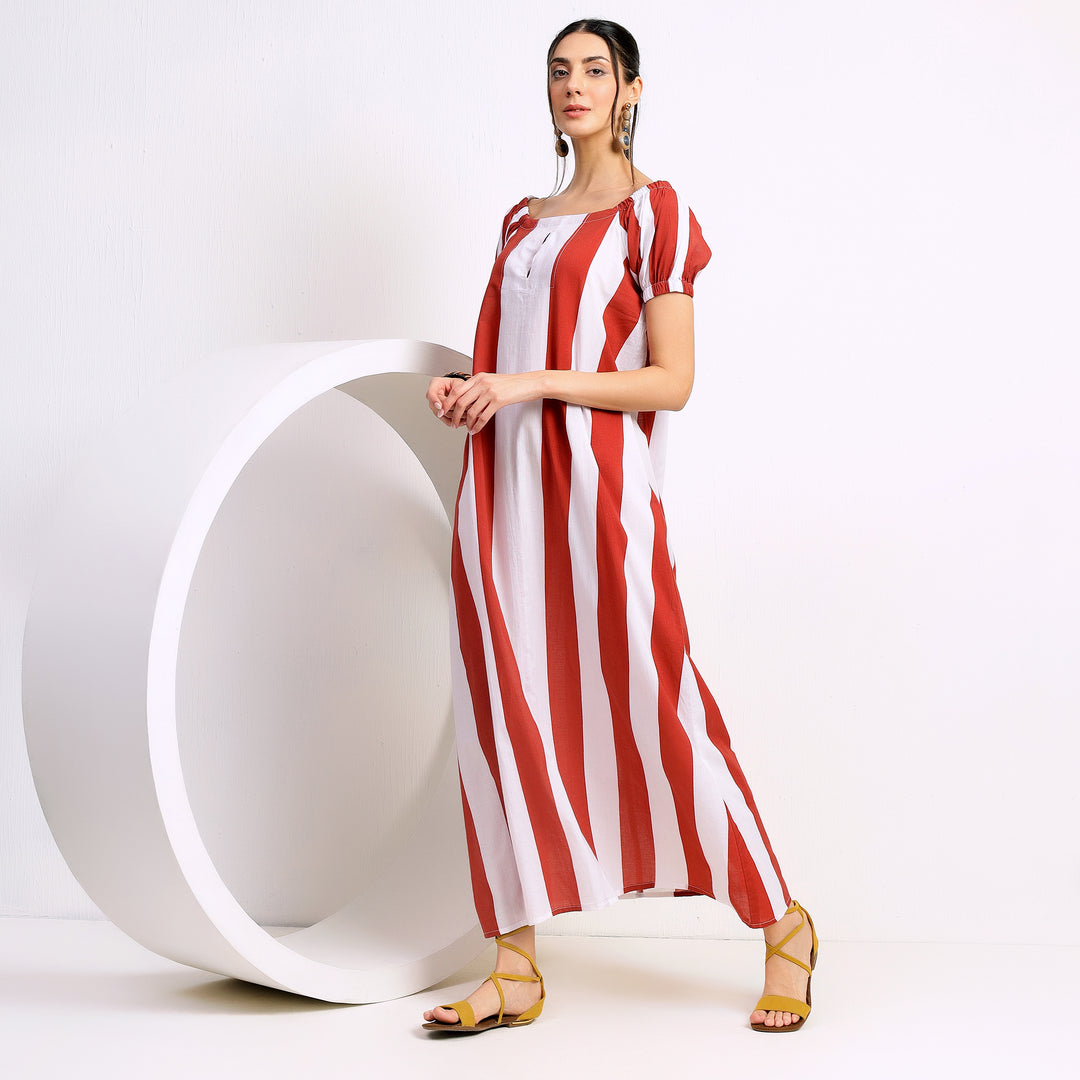 White and Red Wide Striped Maxi Dress