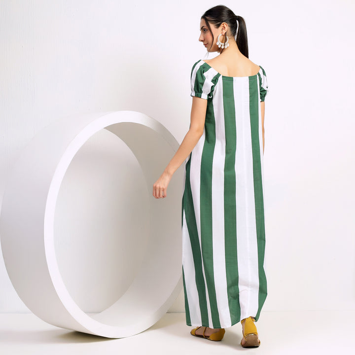 Forest Breeze: Green and White Wide Vertical Strips Long Dress