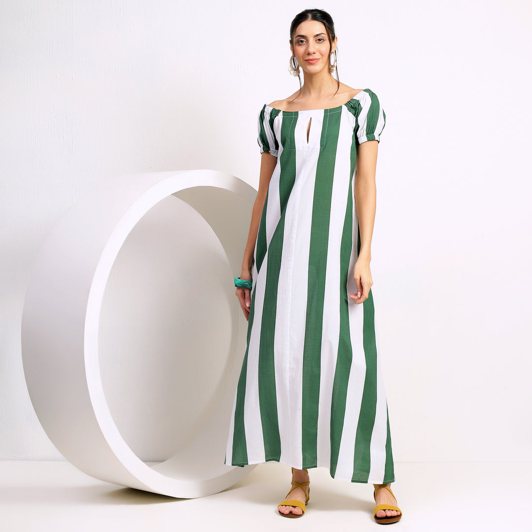 Forest Breeze: Green and White Wide Vertical Strips Long Dress