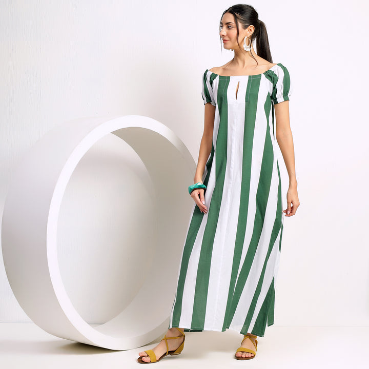 Forest Breeze: Green and White Wide Vertical Strips Long Dress