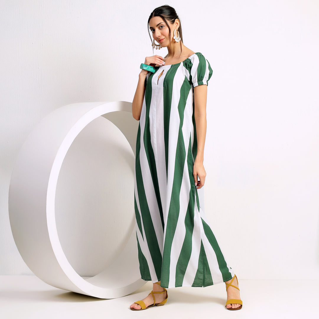 Forest Breeze: Green and White Wide Vertical Strips Long Dress