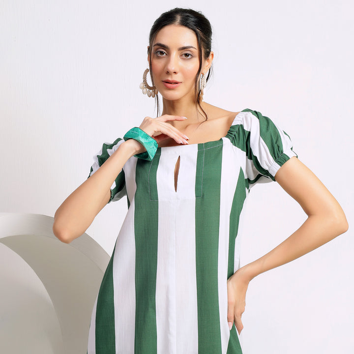 Forest Breeze: Green and White Wide Vertical Strips Long Dress