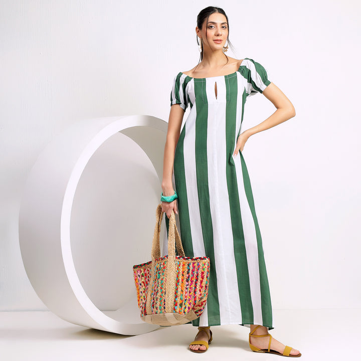 Forest Breeze: Green and White Wide Vertical Strips Long Dress