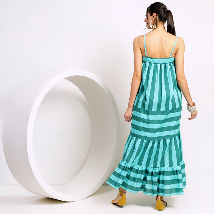 Aruba Green Long Flowy Striped Beach Dress with Tiered Hem