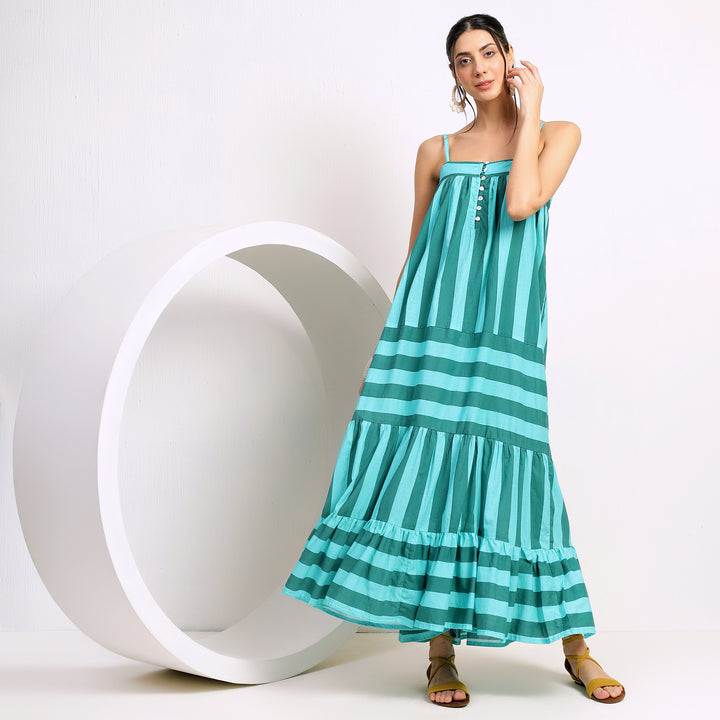 Aruba Green Long Flowy Striped Beach Dress with Tiered Hem