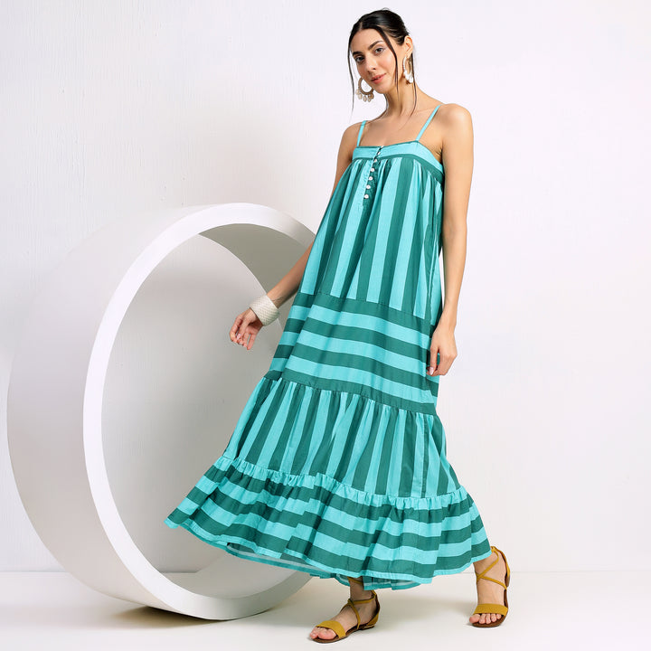 Aruba Green Long Flowy Striped Beach Dress with Tiered Hem