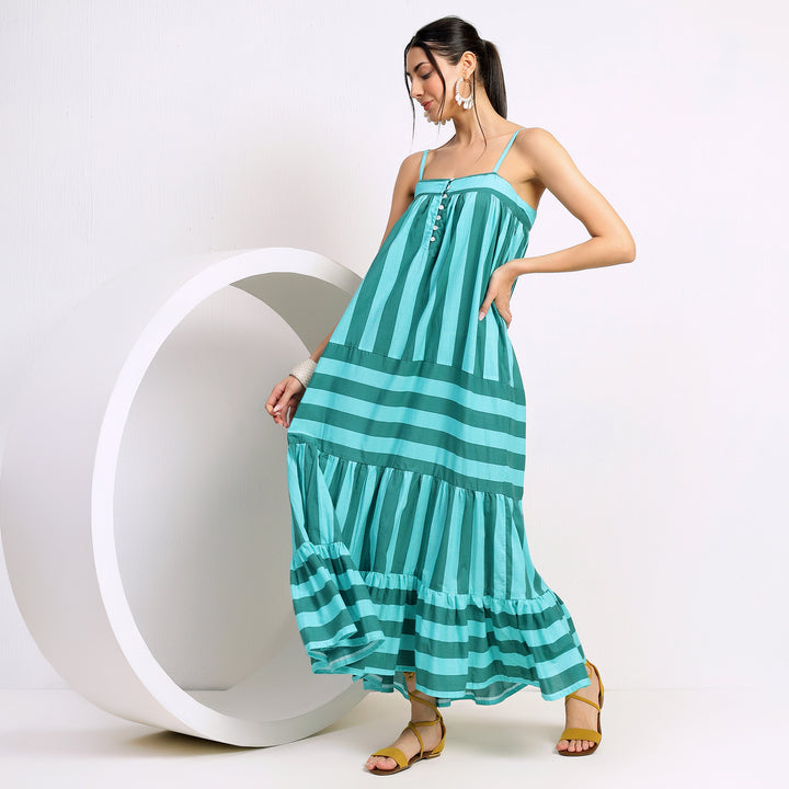 Aruba Green Long Flowy Striped Beach Dress with Tiered Hem