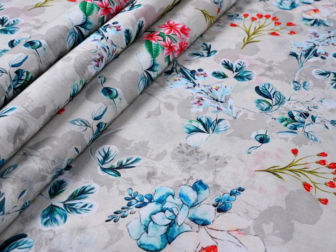 blue leaves print cotton fabric