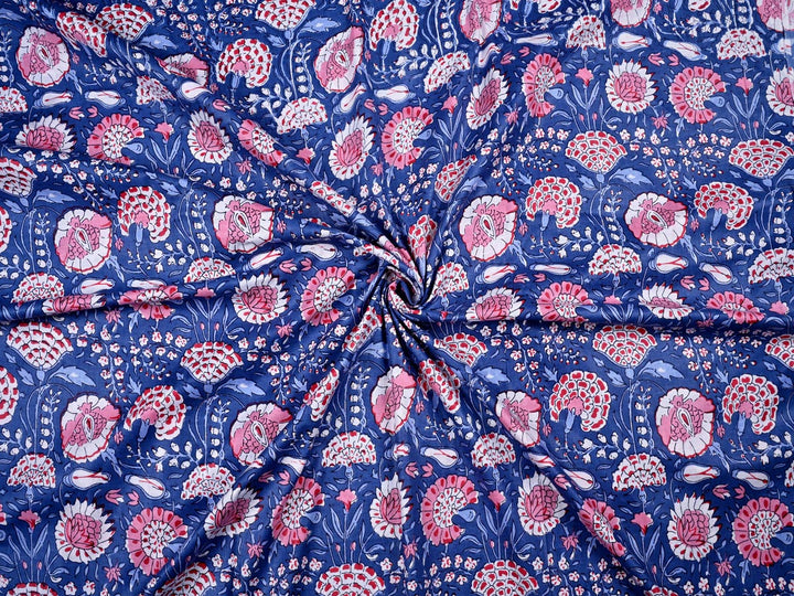 Cotton Blue Fabric With Pink Flowers Pattern ~ Get it now!