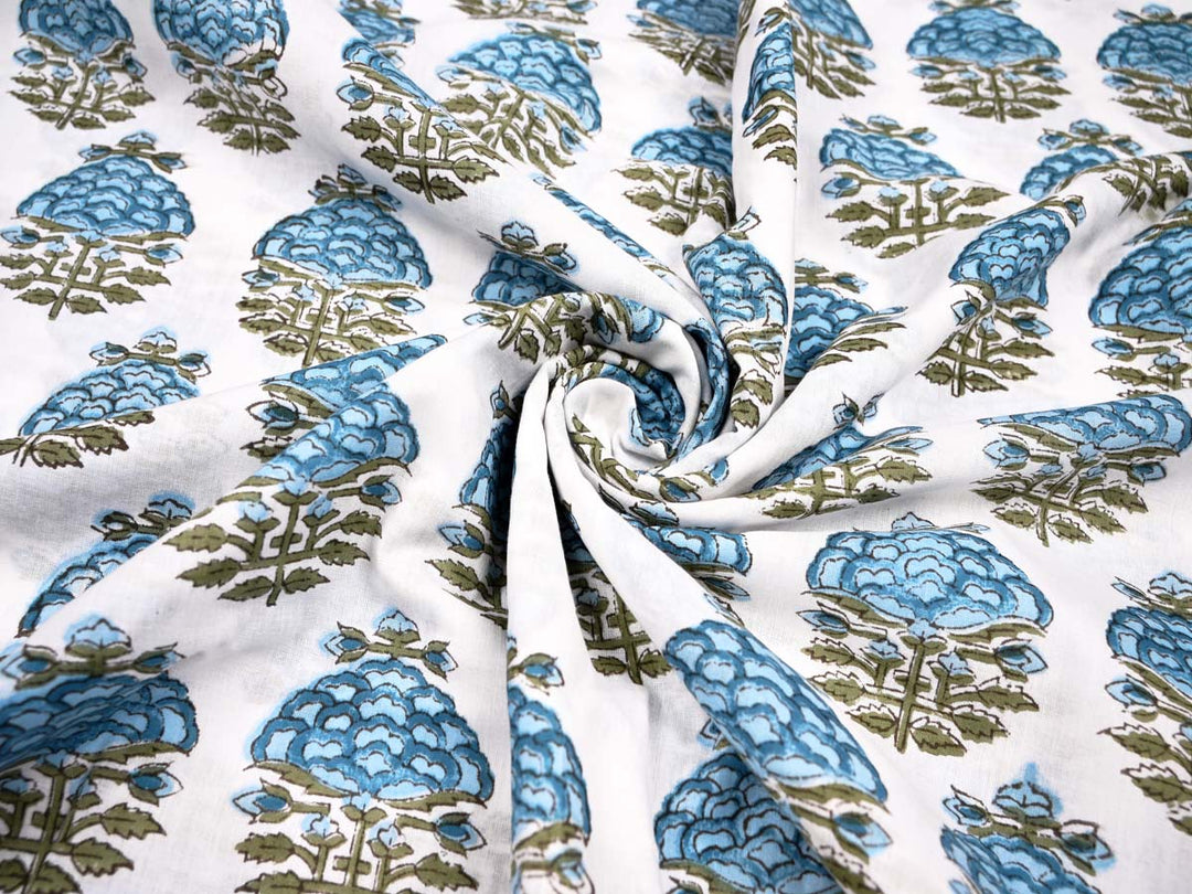 blue printed cotton dress fabric