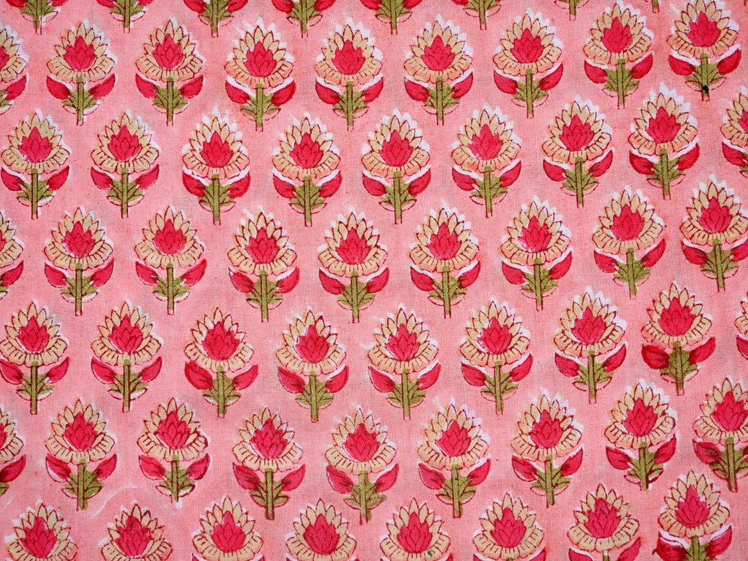 block printed fabric with red flowers