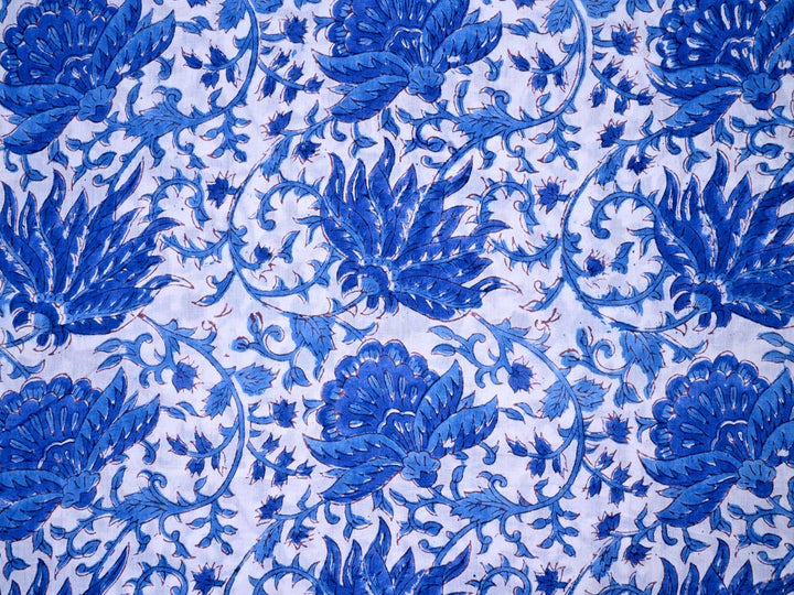 white cotton fabric with blue flowers