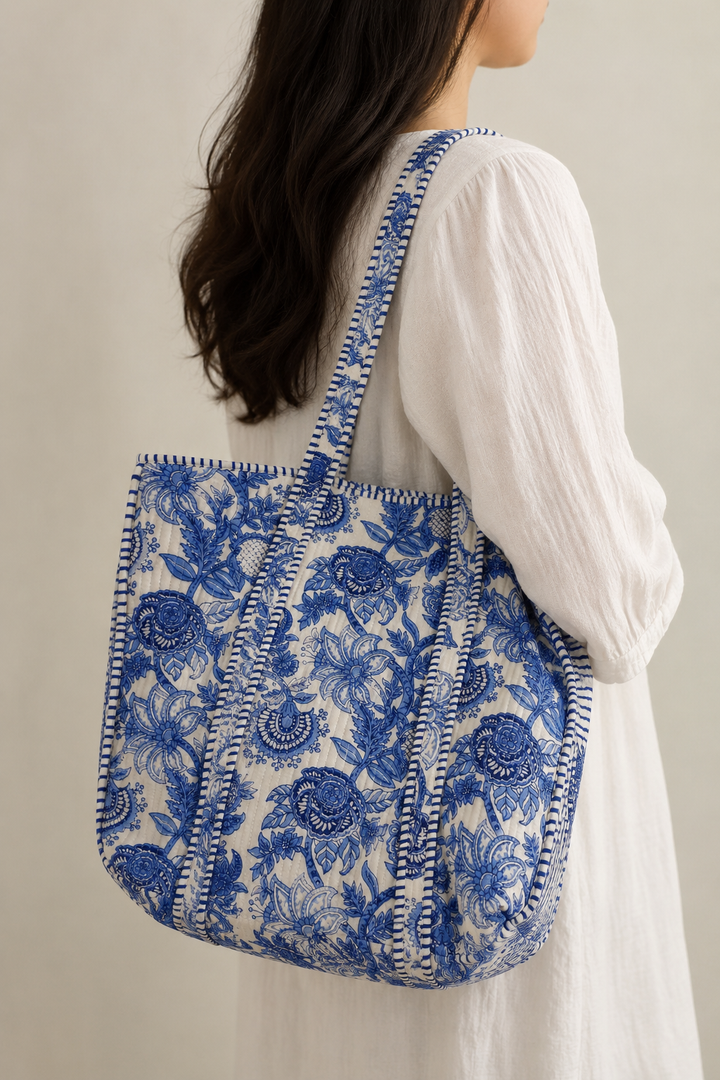 Flat lay of an 18x18 inch quilted cotton tote bag with everyday essentials.