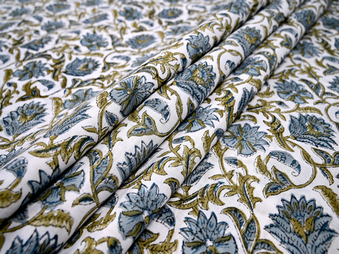 Blue Flower Handblock Print Cotton Fabric