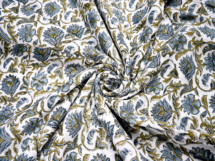 Blue Flower Handblock Print Cotton Fabric