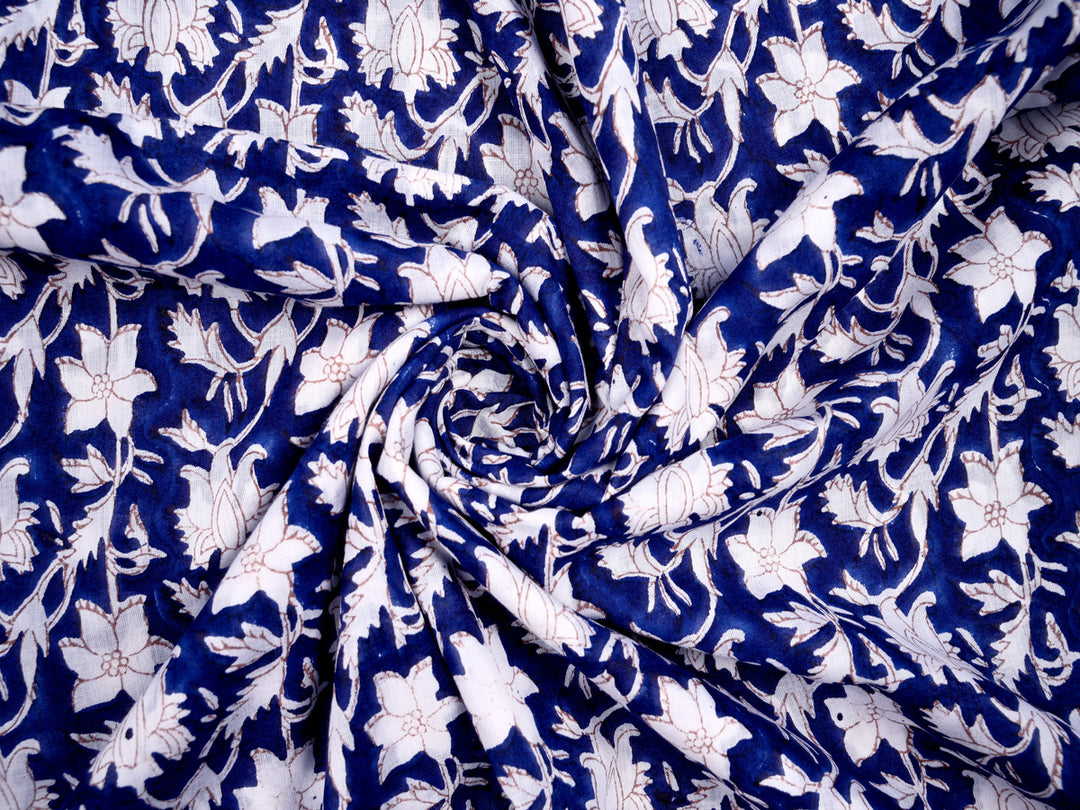 Flower Bail Blue Screen Print Cotton Fabric