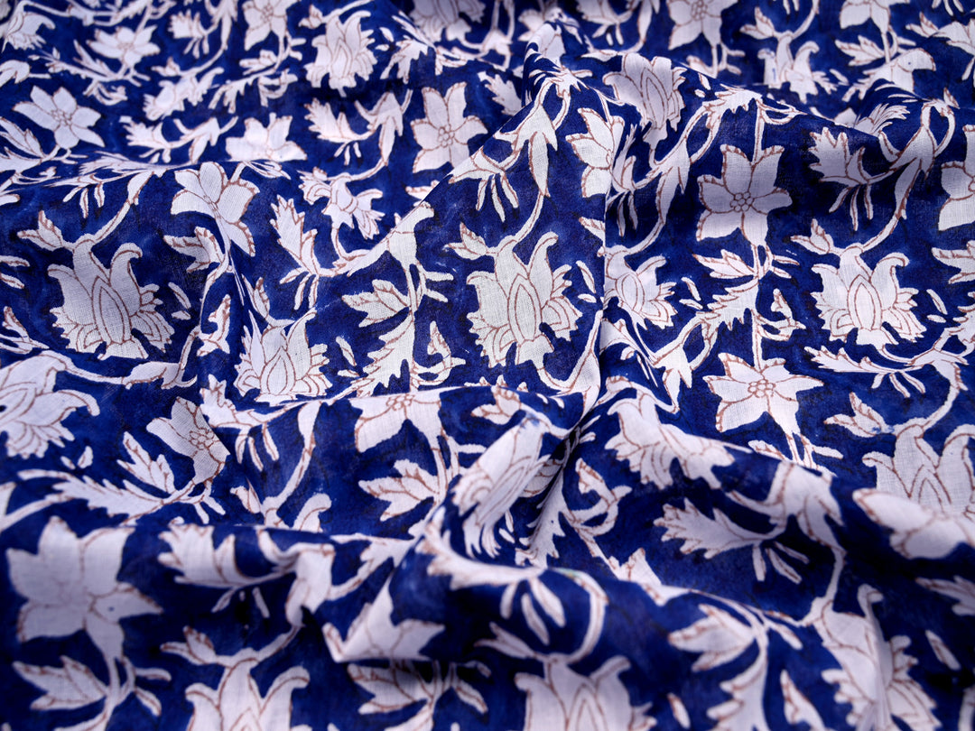 blue printed white floral cotton fabric