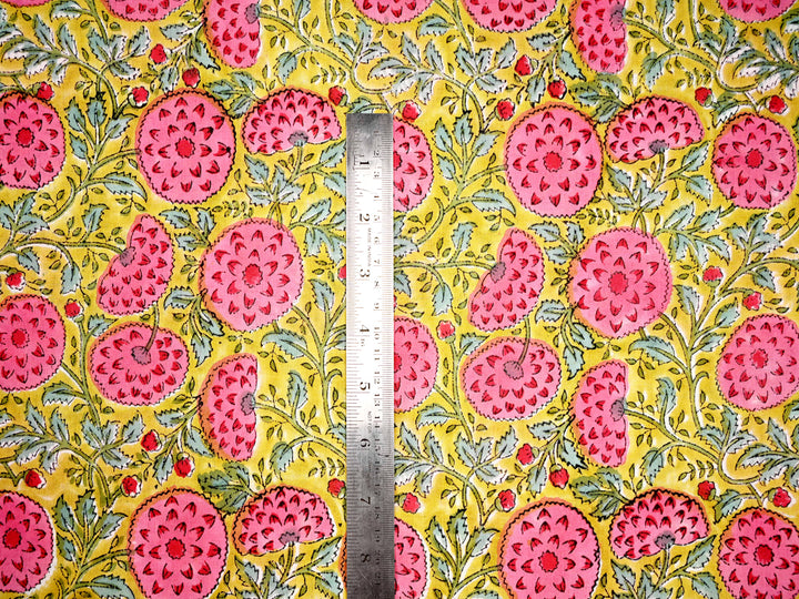 Floral Yellow Handblock Print Cotton Fabric