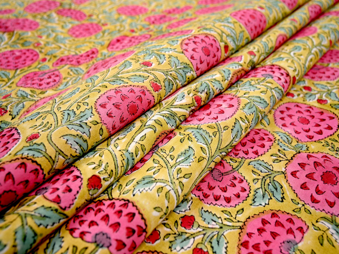 Floral Yellow Handblock Print Cotton Fabric