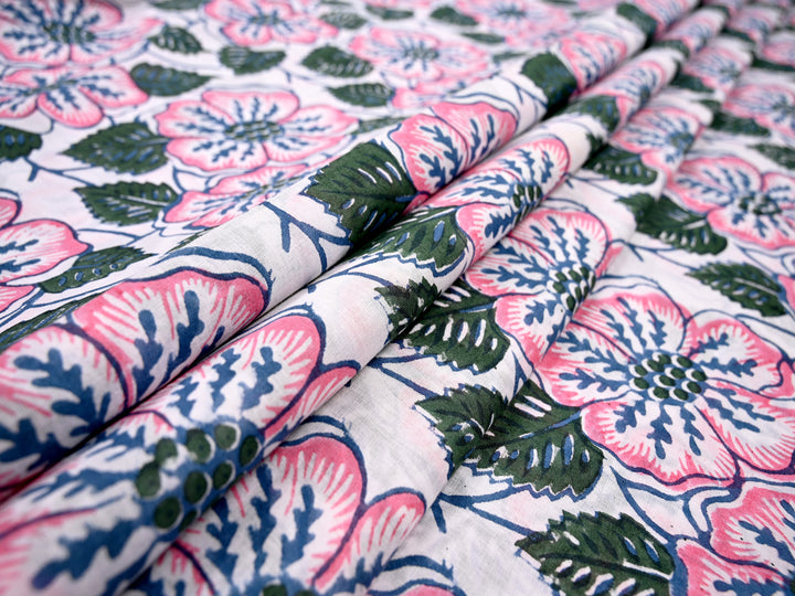 block Print Pink Flowers Cotton fabric