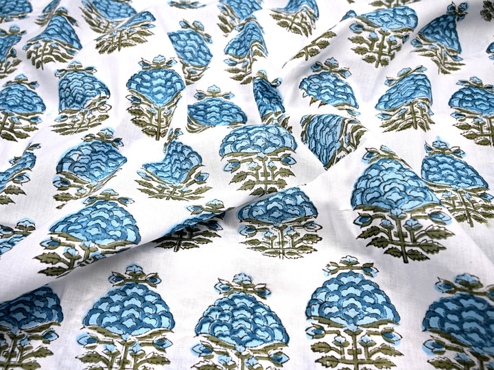 Blue Flower Block Printed Cotton Fabric