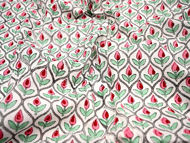 Red, Green Tulip Floral Print Fabric