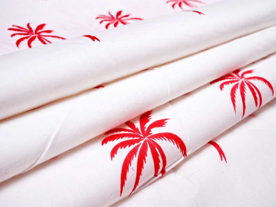 Palm Tree White Handblock Print Cotton Fabric