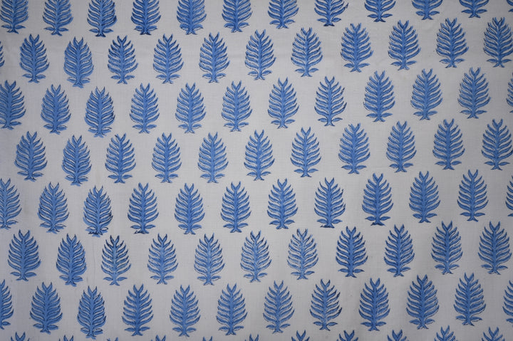 Woodblock Printed Blue Leaf Cotton Fabric