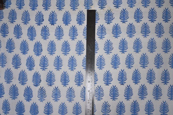 Woodblock Printed Blue Leaf Cotton Fabric