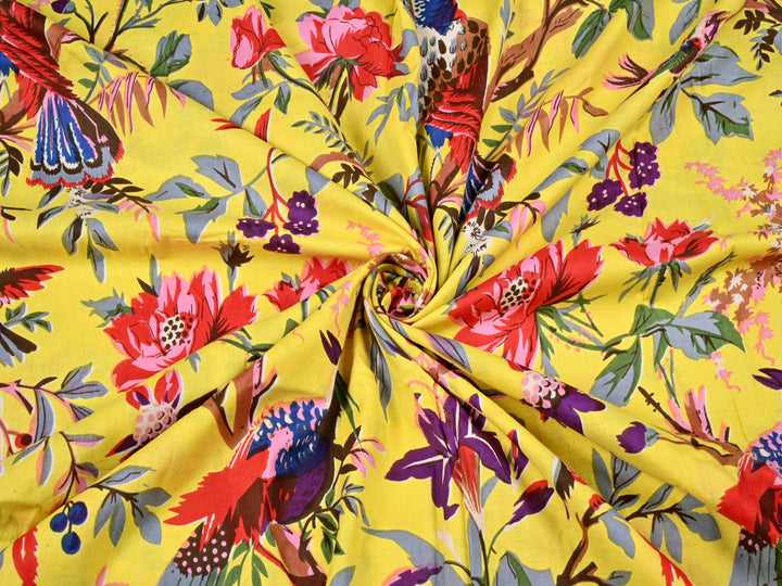 Birds & Trees Print Screen Processed Cotton Fabric