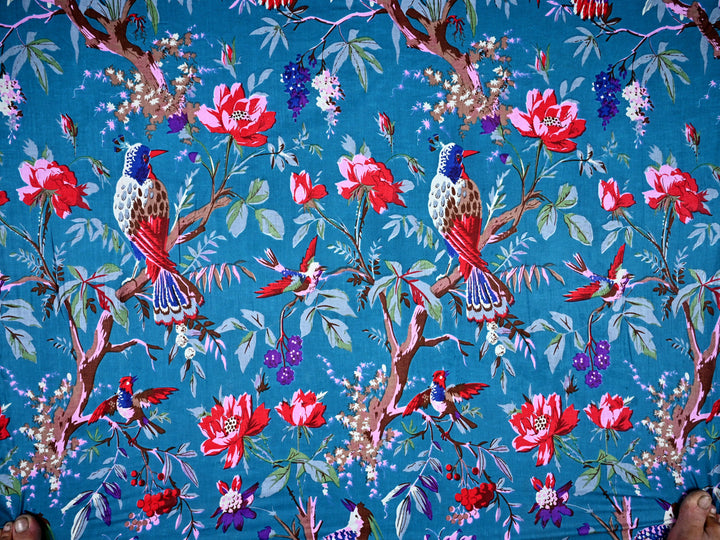 pink & blue birds on cotton fabric trends