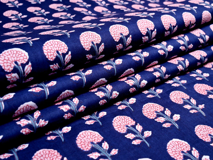 Blue Floral Screen Printed Cotton Fabric
