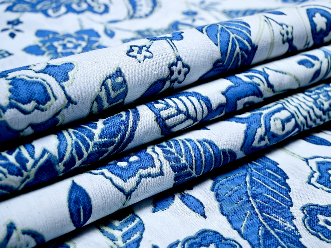 blue leaf print Indian screen cotton fabric