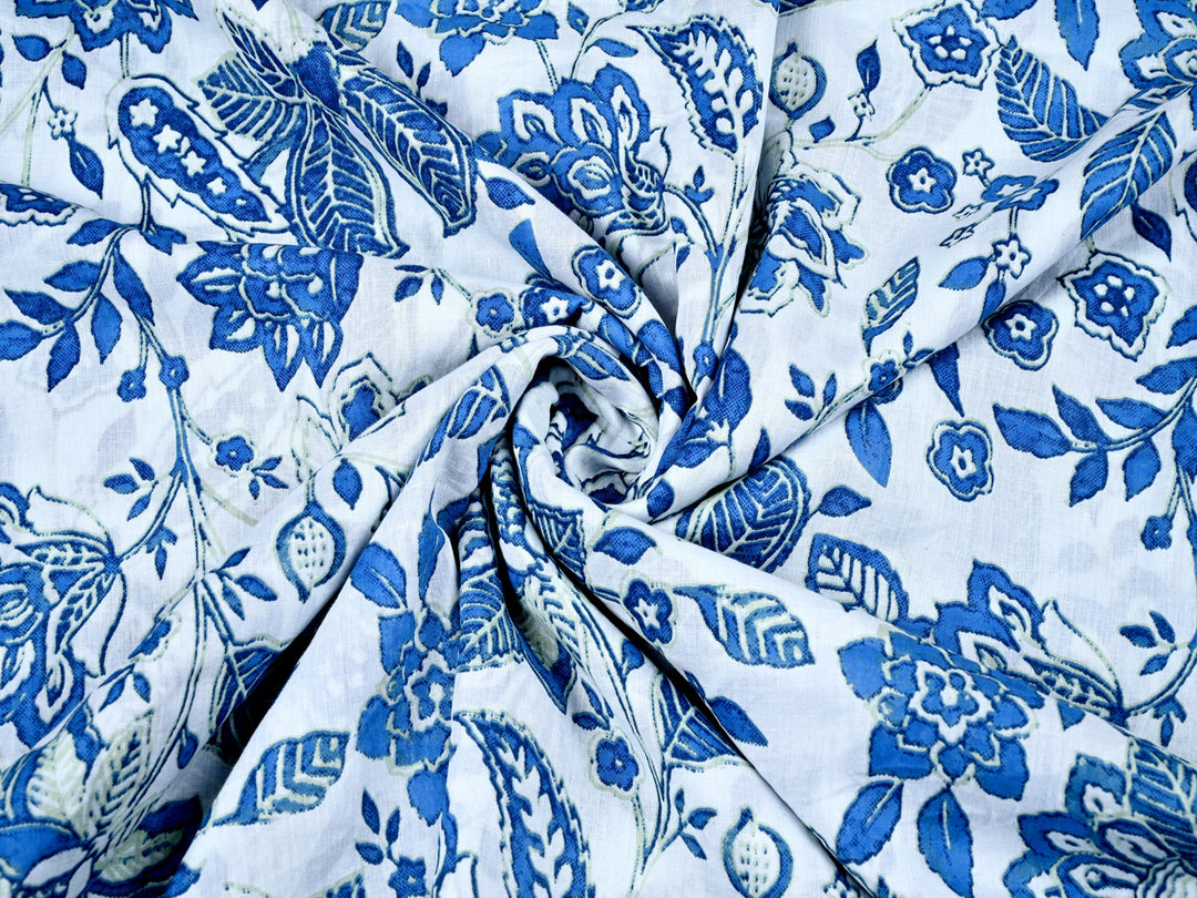 Floral Indigo Blue Screen Printed Cotton Fabric
