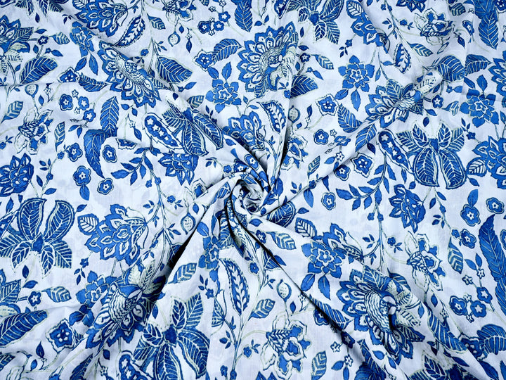 Floral Indigo Blue Screen Printed Cotton Fabric