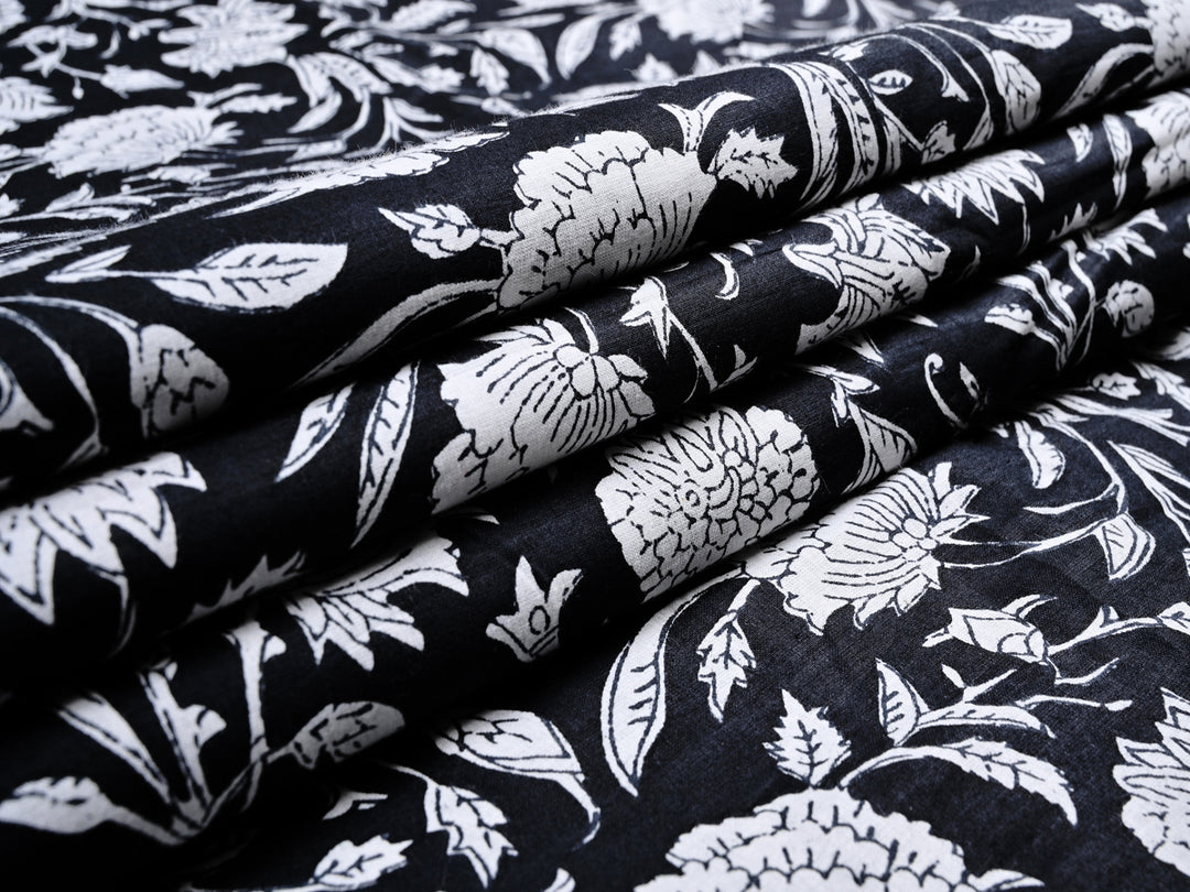Floral Handblock Print Black Cotton Fabric