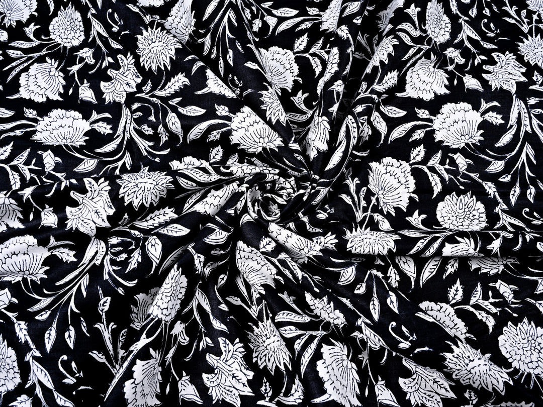 Floral Handblock Print Black Cotton Fabric