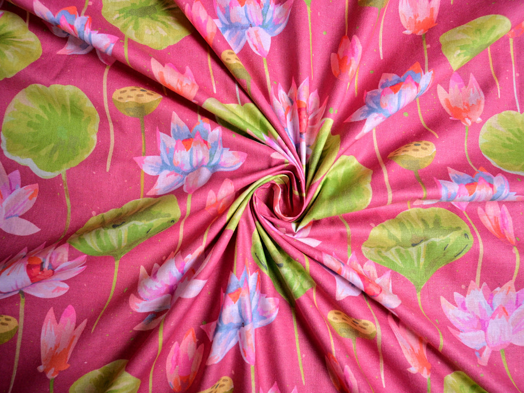 pink cotton fabric with lotus pattern