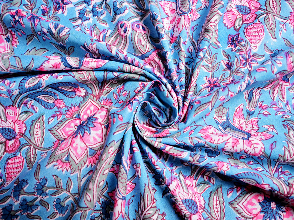 Traditional Indian hand block print cotton fabric by the yard - Floral hand block print cotton upholstery textile India