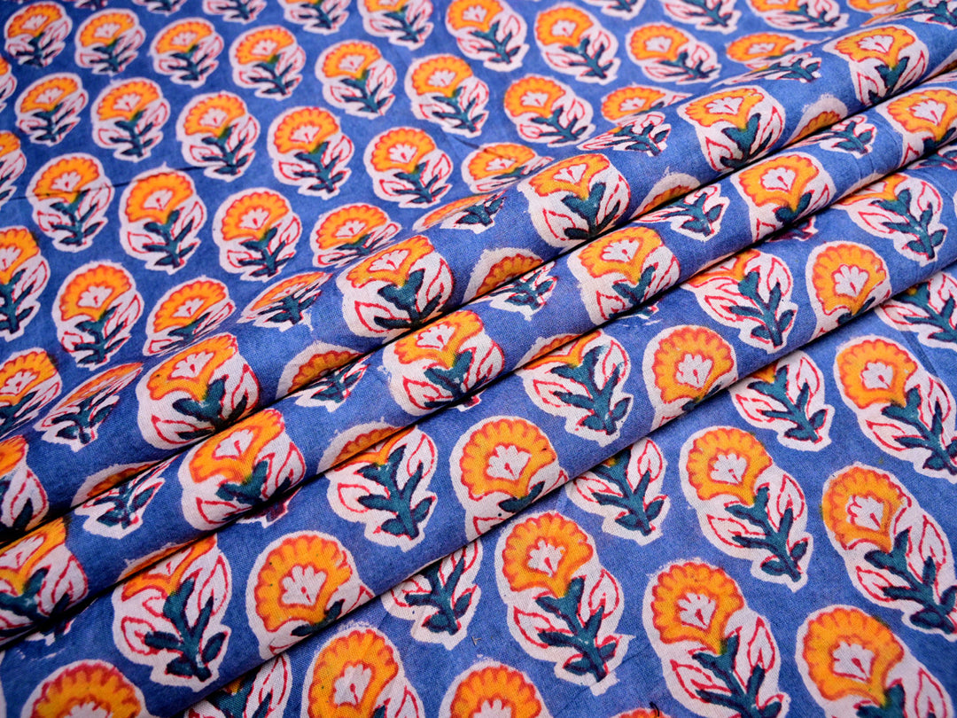Hand Block Print Floral Cotton Fabric - 5 Yards, 45" Wide, 100% Cotton (White)