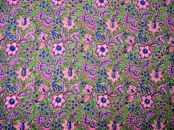 Pink Cotton Floral Green Fabric - Craft Material by Yard