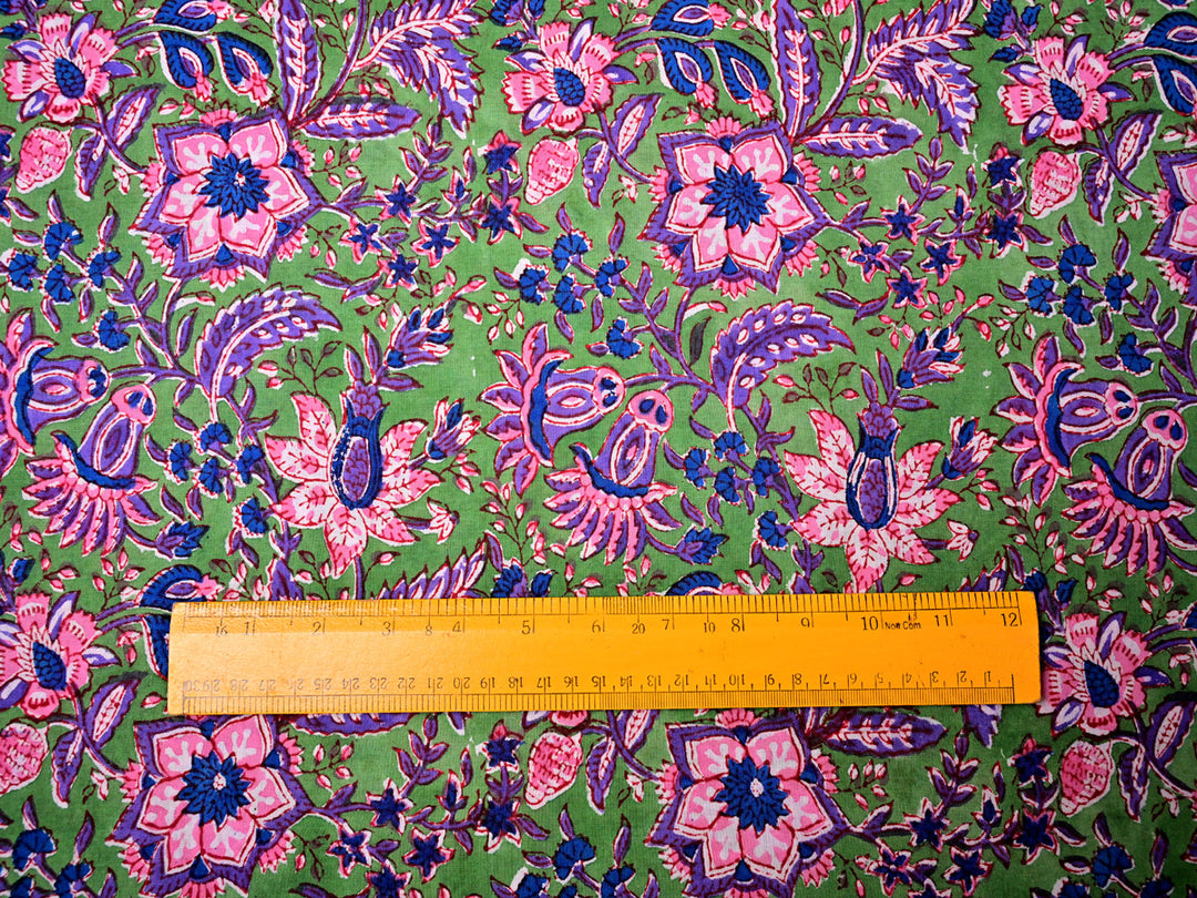 Pink Cotton Floral Green Fabric - Craft Material by Yard