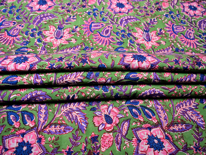 Pink Cotton Floral Green Fabric - Craft Material by Yard