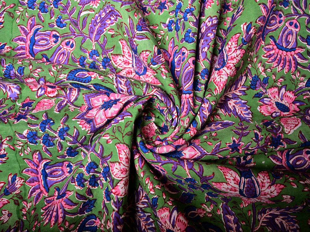 Pink Cotton Floral Green Fabric - Craft Material by Yard