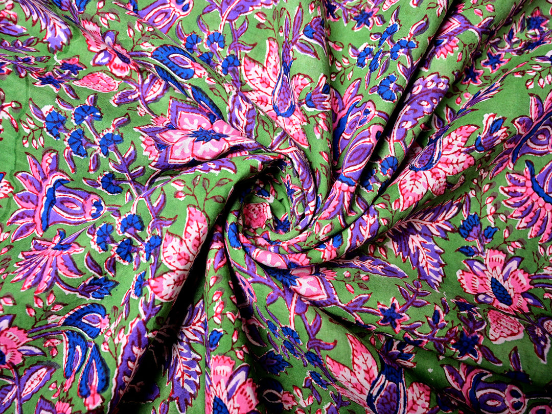 Pink Cotton Floral Green Fabric - Craft Material by Yard