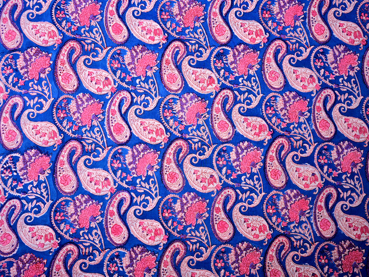 Indian Blue Printed Cotton Fabric with Paisley Style