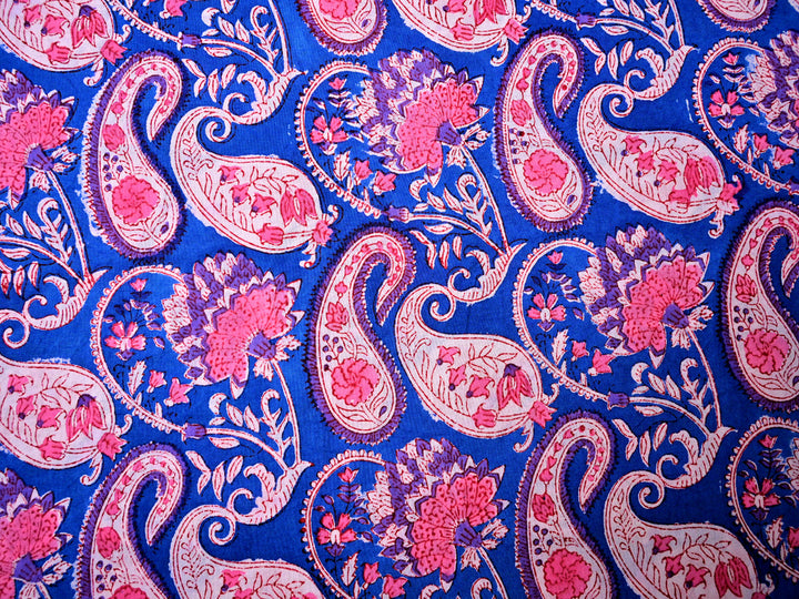 Indian Blue Printed Cotton Fabric with Paisley Style