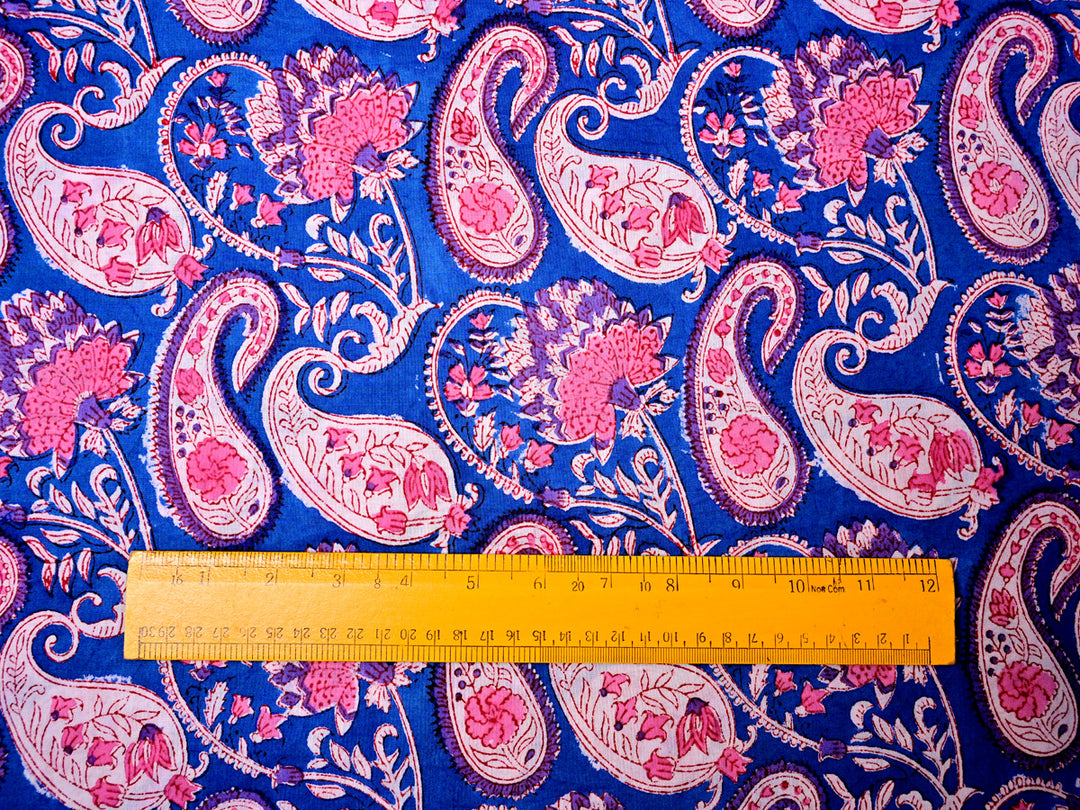 Indian Blue Printed Cotton Fabric with Paisley Style